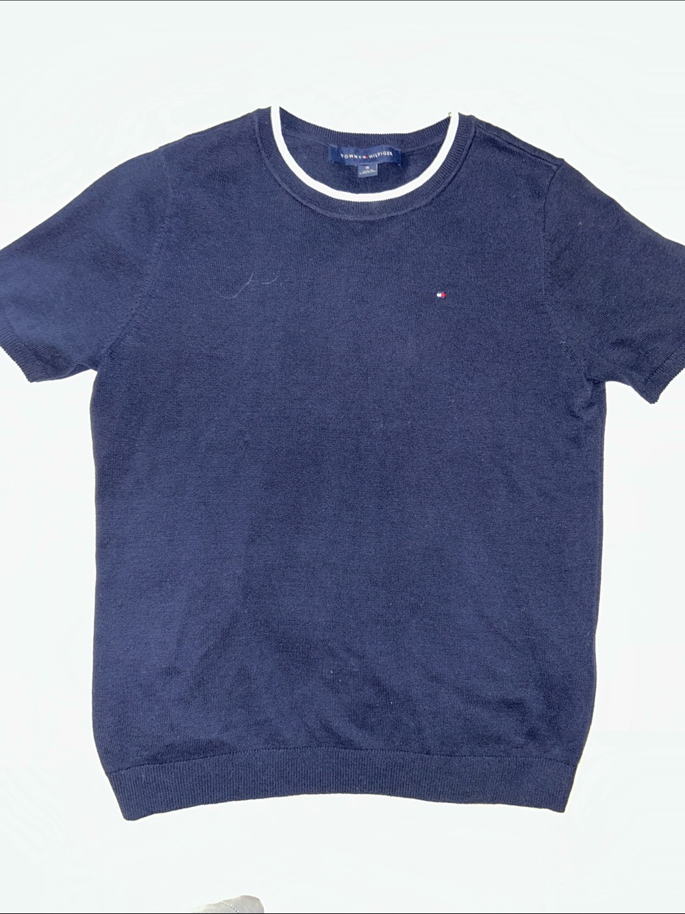 Tommy Hilfiger Navy Crewneck Short-Sleeve Sweater with White Trim M SIZE